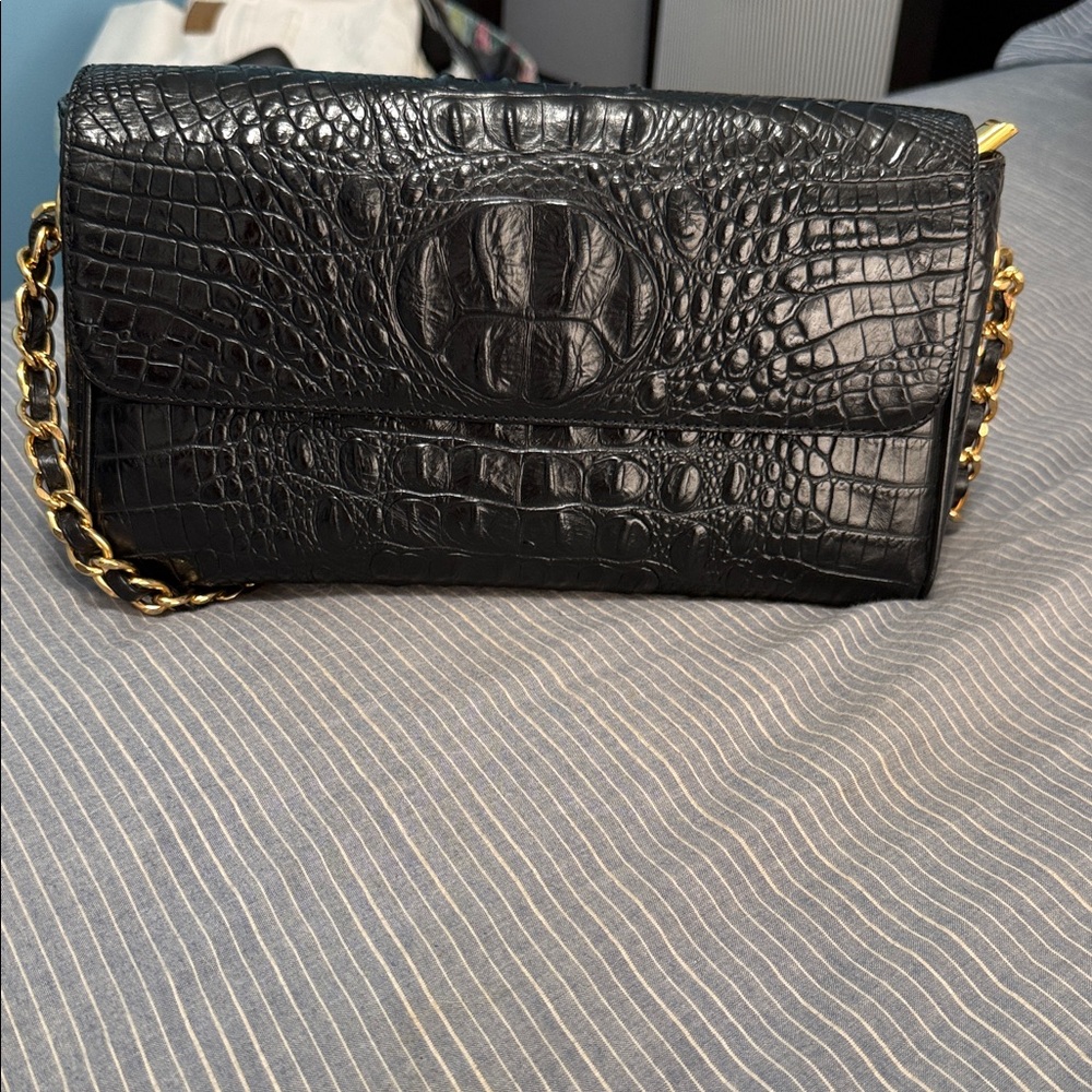 Black Crocodile Embossed Clutch with Gold Chain